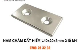 Nam châm đất hiếm L40x20x3mm 2 lỗ M4