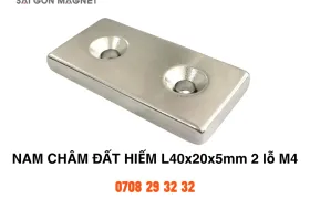 Nam châm đất hiếm L40x20x5mm 2 lỗ M4