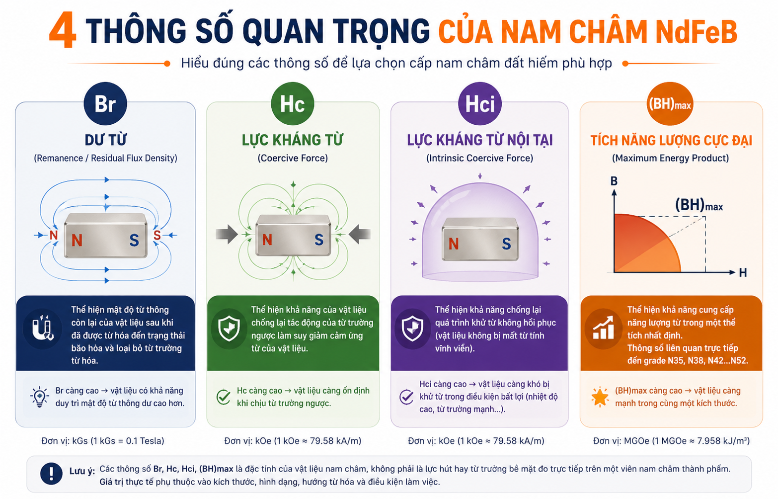 Br Hc Hci BHmax của cấp nam châm đất hiếm