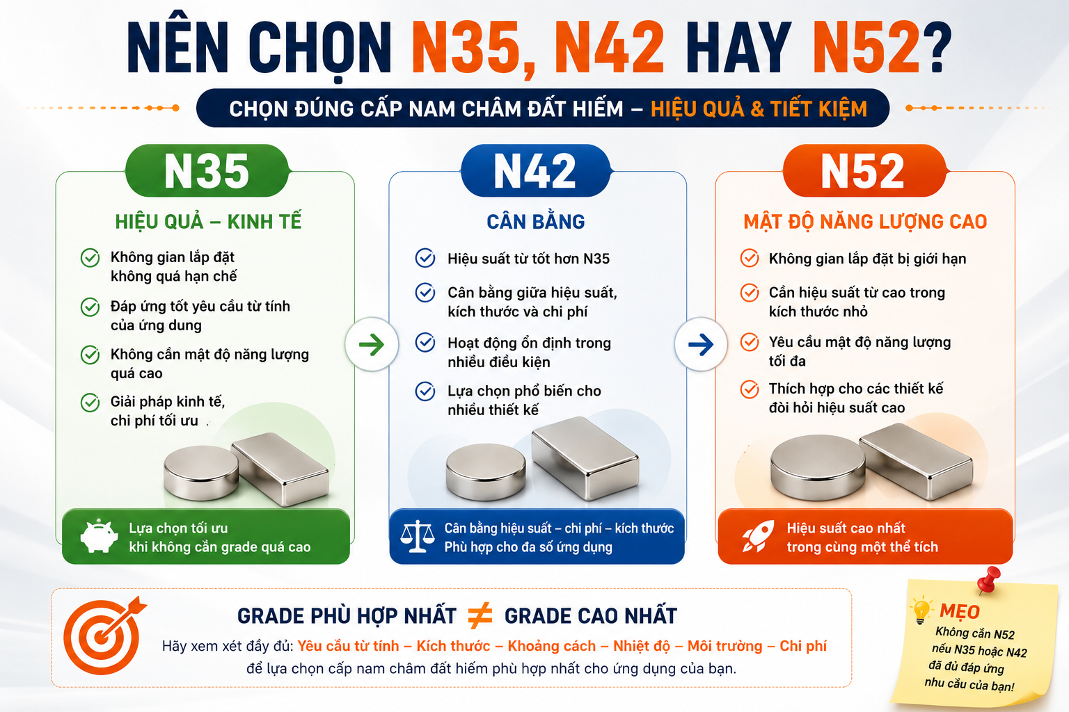 cách chọn cấp nam châm đất hiếm N35 N42 N52