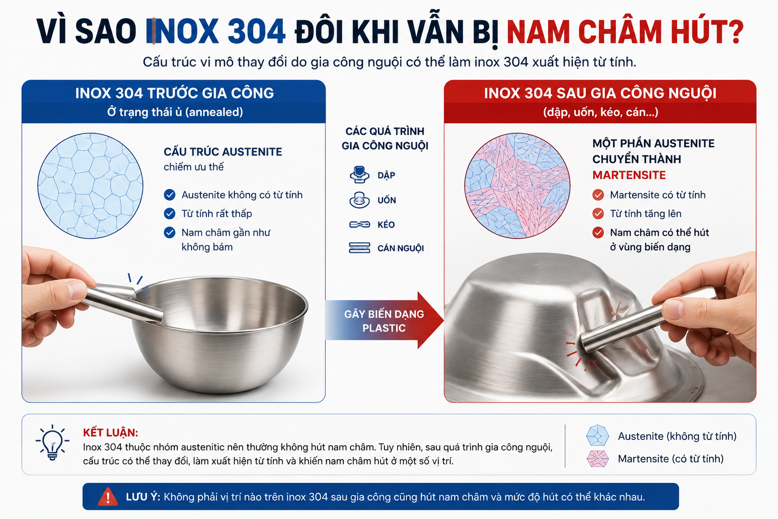 inox 304 có hút nam châm không sau gia công nguội